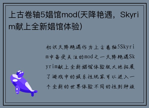 上古卷轴5娼馆mod(天降艳遇，Skyrim献上全新娼馆体验)